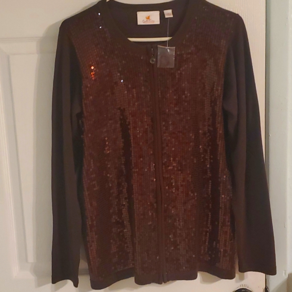 Beautiful coffee colored sequined zip up sweater size small but generously cut